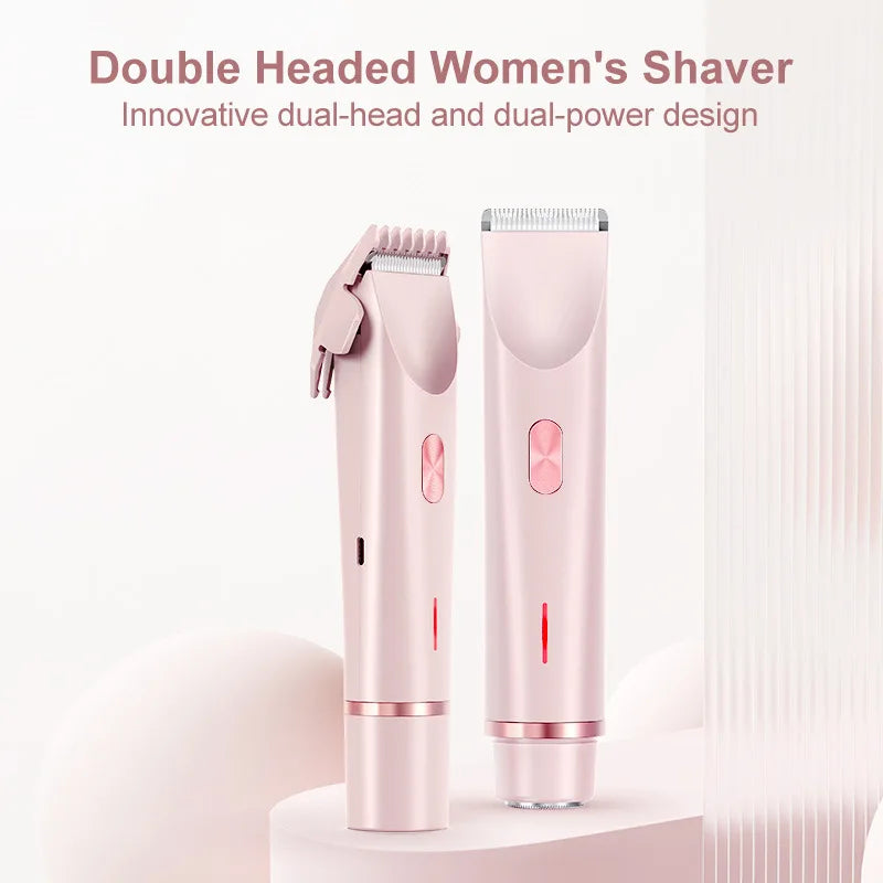 2-in-1 Dual-Head Electric Razor for Women – Painless Bikini Trimmer Wet & Dry Use with Detachable Heads