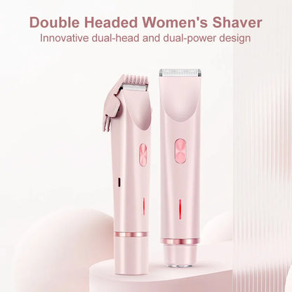 2-in-1 Dual-Head Electric Razor for Women – Painless Bikini Trimmer Wet & Dry Use with Detachable Heads