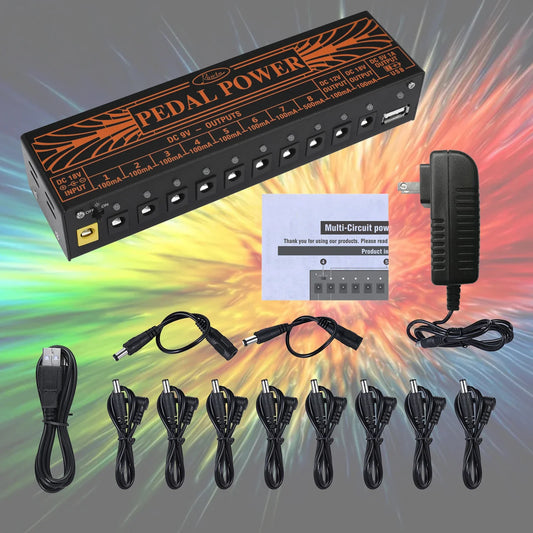 Rowin Guitar Pedal Power Supply – 10 Isolated DC Outputs for 9V/12V/18V Pedals, USB Charging Port, Noise Filter for iPhone