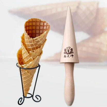 Wooden Egg Roll Ice Cream Cone Mold – Spiral Croissant & Cream Horn Pastry Roller for Omelet, Waffle & Baking Kitchen Tool