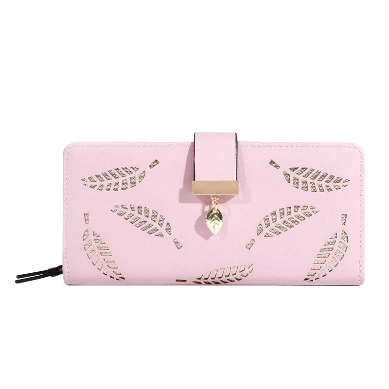 Women’s Long PU Leather Wallet – Gold Hollow Leaf Design Clutch Purse with Coin Pocket & Card Holders