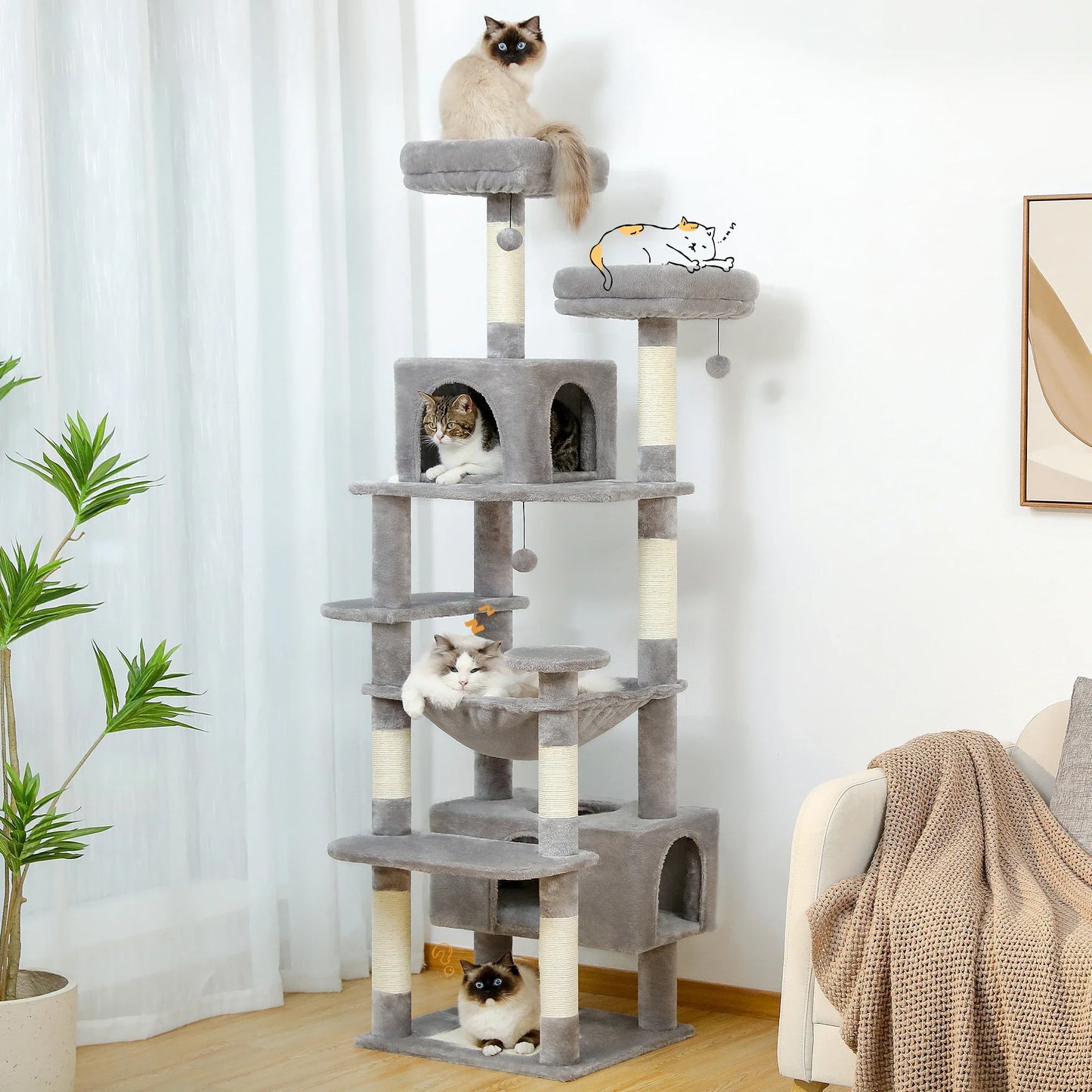 Large Cat Tree Tower – Multi-Level Plush Indoor Cat Condo with Scratching Posts, Boards, Perches & Caves