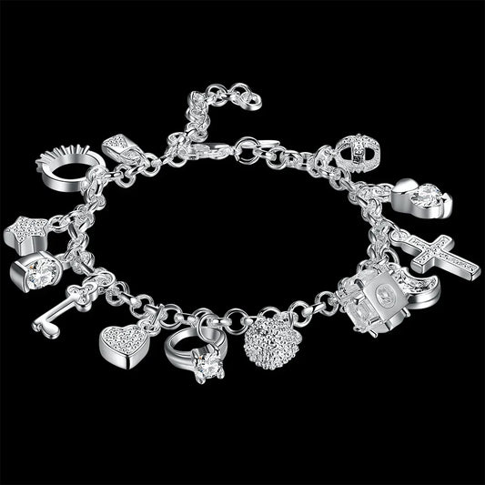 Fashion 925 Sterling Silver Bracelet for Women — Pretty Heart Zircon Pendant Chain, 20CM/8inch, Classic Wedding & Party Jewelry Gift