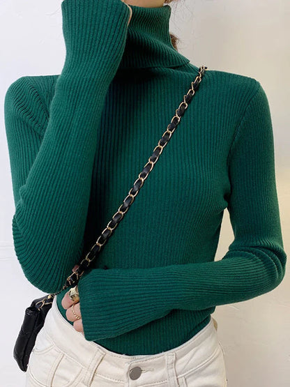 ZOKI New 2023 Women's Turtleneck Pullover Sweater - Slim Fit, Long Sleeve Elastic Jumper, Simple Korean Style Solid Color Top
