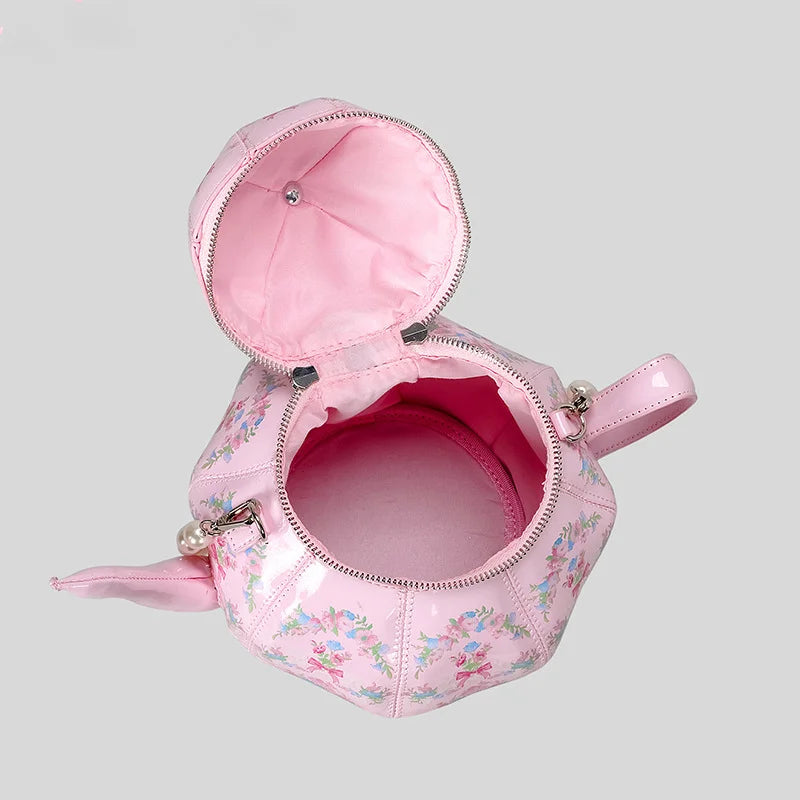 Creative Vintage Printed Teapot Design Women’s Handbag – Pearl Chain Luxury Small Bucket Crossbody Bag