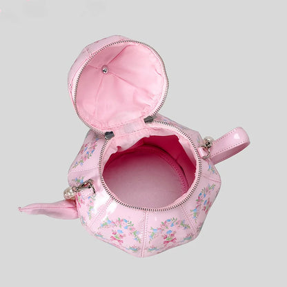Creative Vintage Printed Teapot Design Women’s Handbag – Pearl Chain Luxury Small Bucket Crossbody Bag