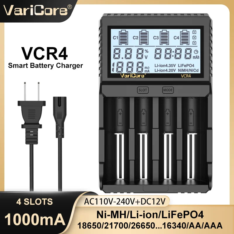 VariCore VCR4/VCP4 LCD Smart Battery Charger – Capacity Tester for 3.7V Li-Ion (18650, 21700, 26650), 3.2V LiFePO4 (32700), and 1.2V Ni-MH (AA/AAA)