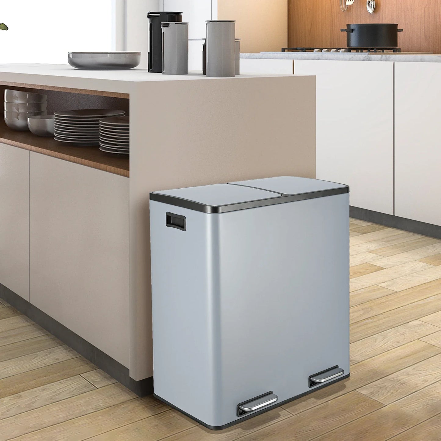 60L Dual Compartment Kitchen Step Trash Can – Hands-Free, Soft-Close Lid, Brushed Stainless Steel