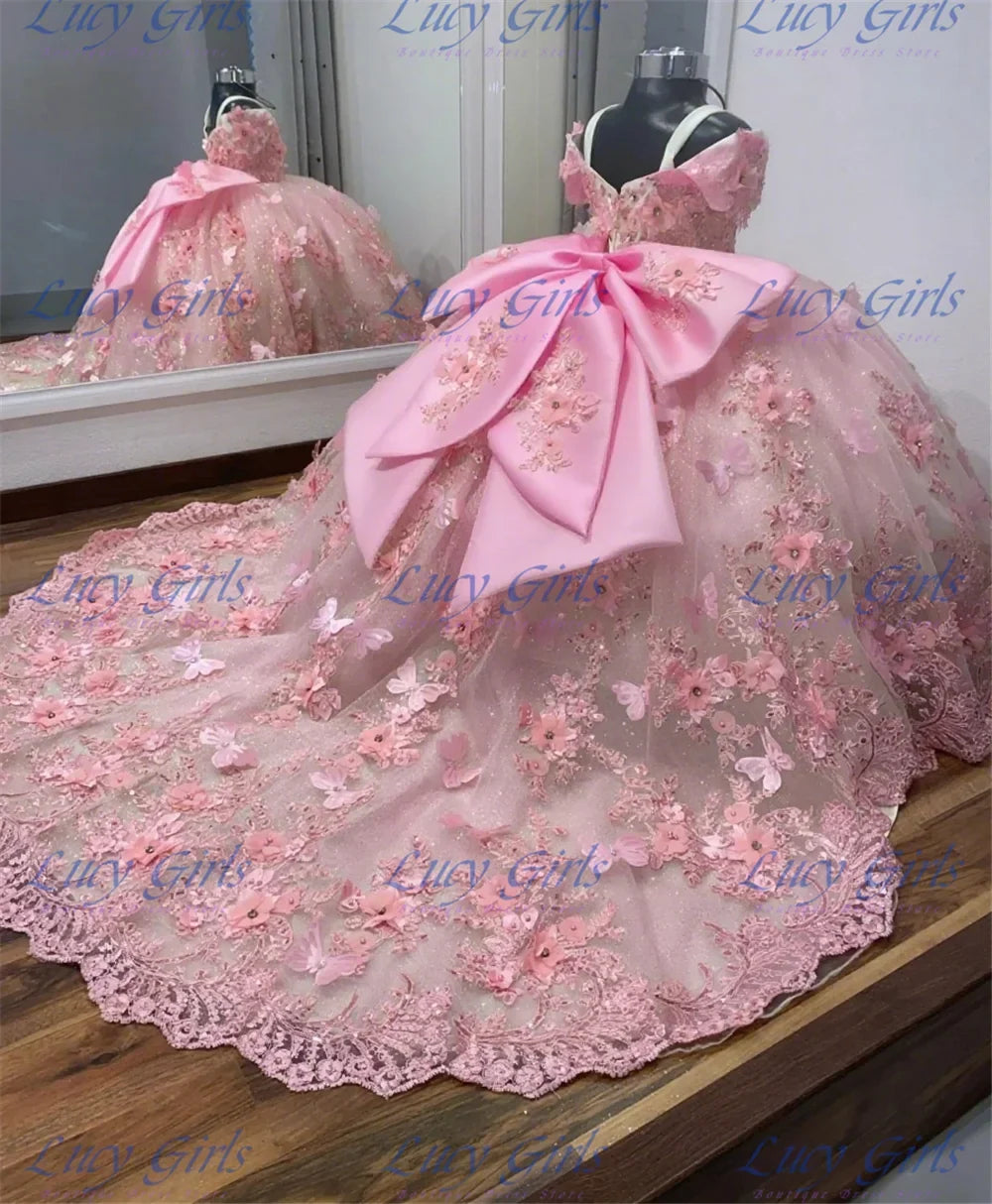 Pink Flower Girl Dress - Fluffy Tulle Butterfly Applique Gown for Weddings & Parties