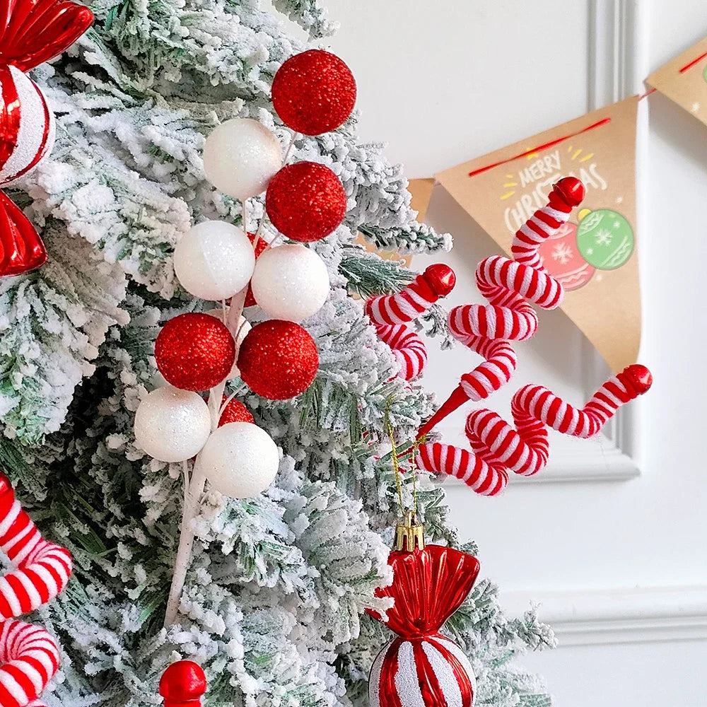 1/2PCS Red & White Woolen Bells – Candy Cane Branches for Xmas Tree, DIY Crafts, Vase & Wreath Christmas Decorations
