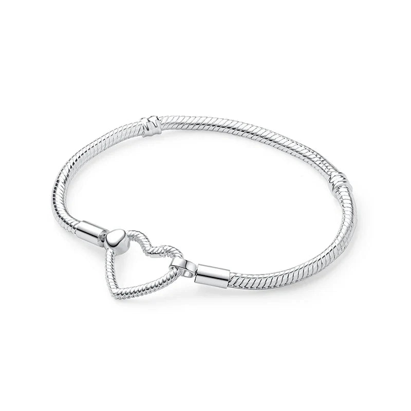 925 Sterling Silver Love Heart Charm Bracelet – Rose Gold Snake Chain Bangle for Women | DIY Luxury Bead Jewelry Accessories
