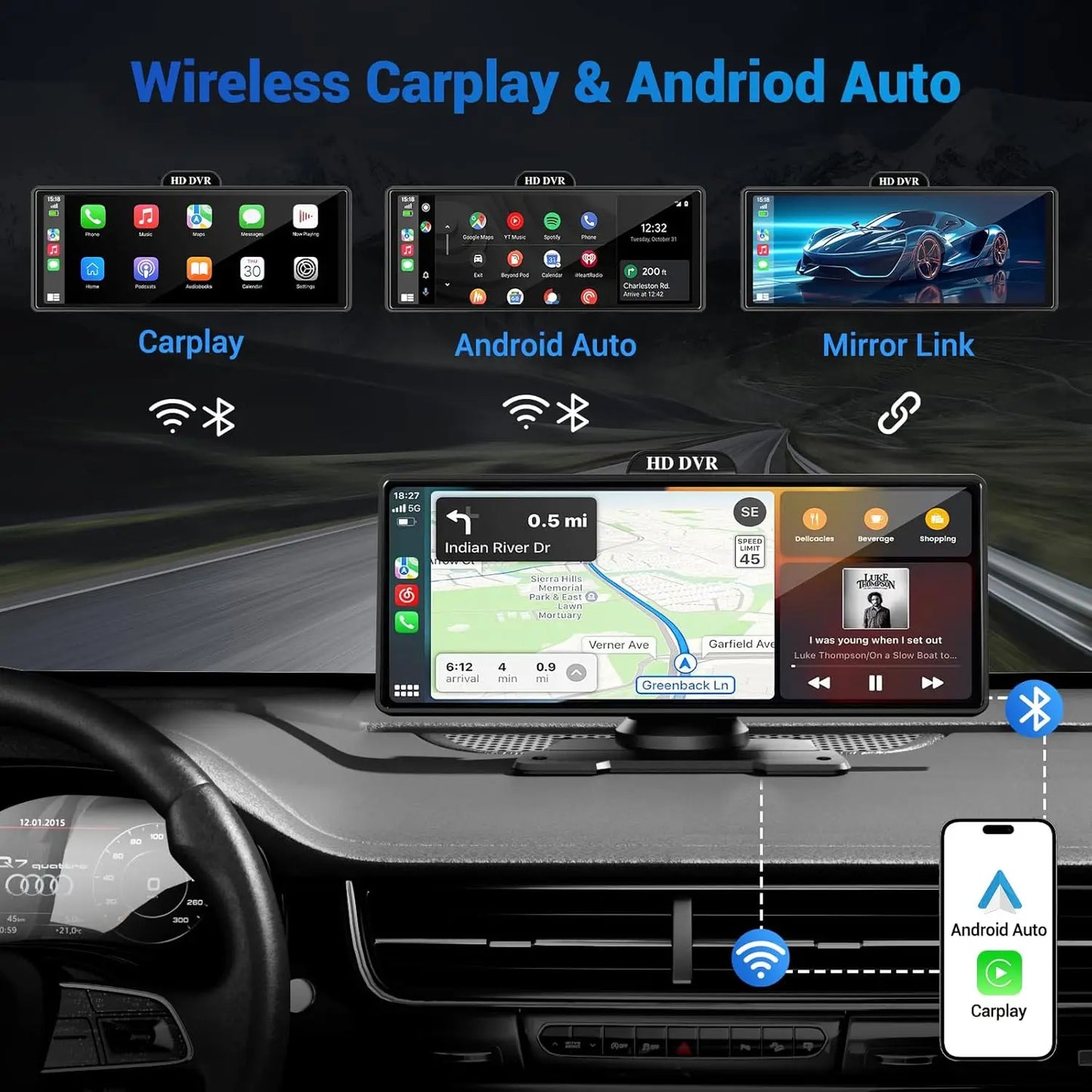 11.26-Inch 4K Dash Cam – Wireless CarPlay & Android Auto, Dual Lens DVR, Bluetooth Audio, GPS Navigation Video Recorder