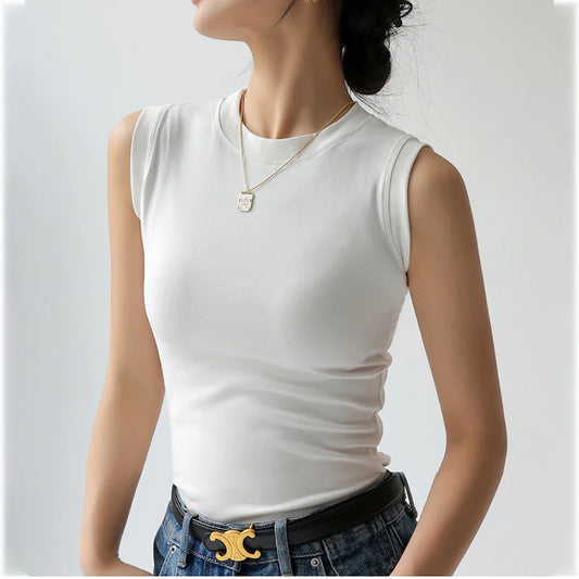 Women’s Cotton Camisole Vest – Colorful Round Neck Basic Sleeveless Undershirt with Side Cleavage Coverage C4878