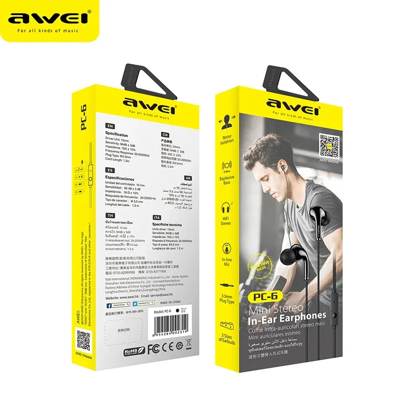 Awei Wired In-Ear Headphones – Bass Stereo Earbuds with Mic, In-Line Control for Phones & Sports