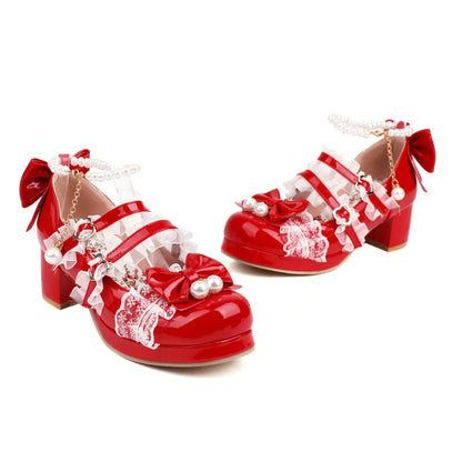 Women’s Cross Strap Mary Jane High Heels – Party, Wedding, Cosplay Lolita Pumps in White, Pink, Black, Strawberry Bow 2025