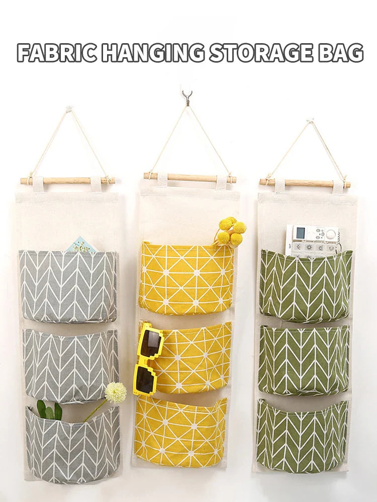 Three-Pocket Hanging Wall Storage Bag – Cotton Linen Organizer for Bedroom, Living Room & Kitchen