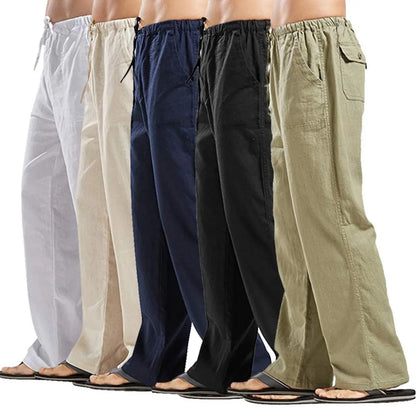 Men's Cotton Linen Pants – Summer Breathable Solid Color Casual Trousers with Elastic Waist