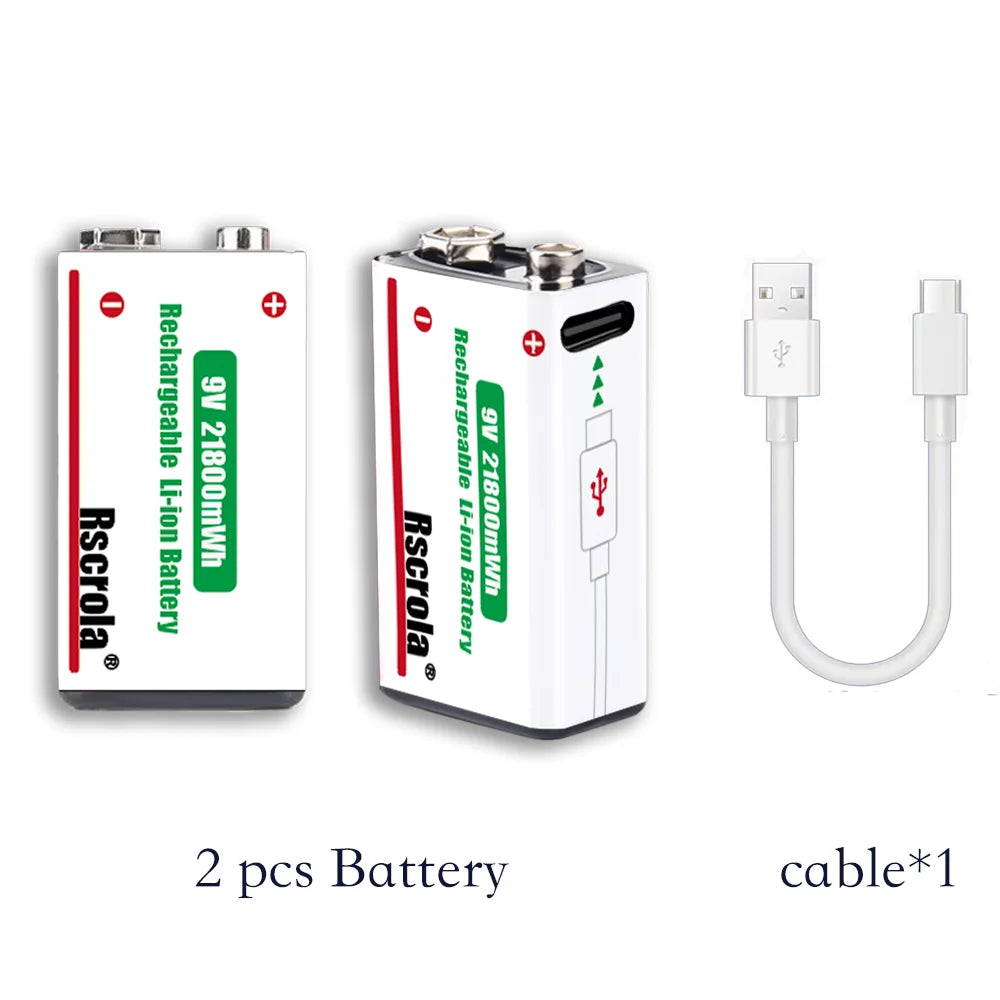 9V Lithium-Ion Rechargeable Battery 21800mWh – High-Capacity Power for Guitar, Microphone, Smoke Detector & Pedals with Cable