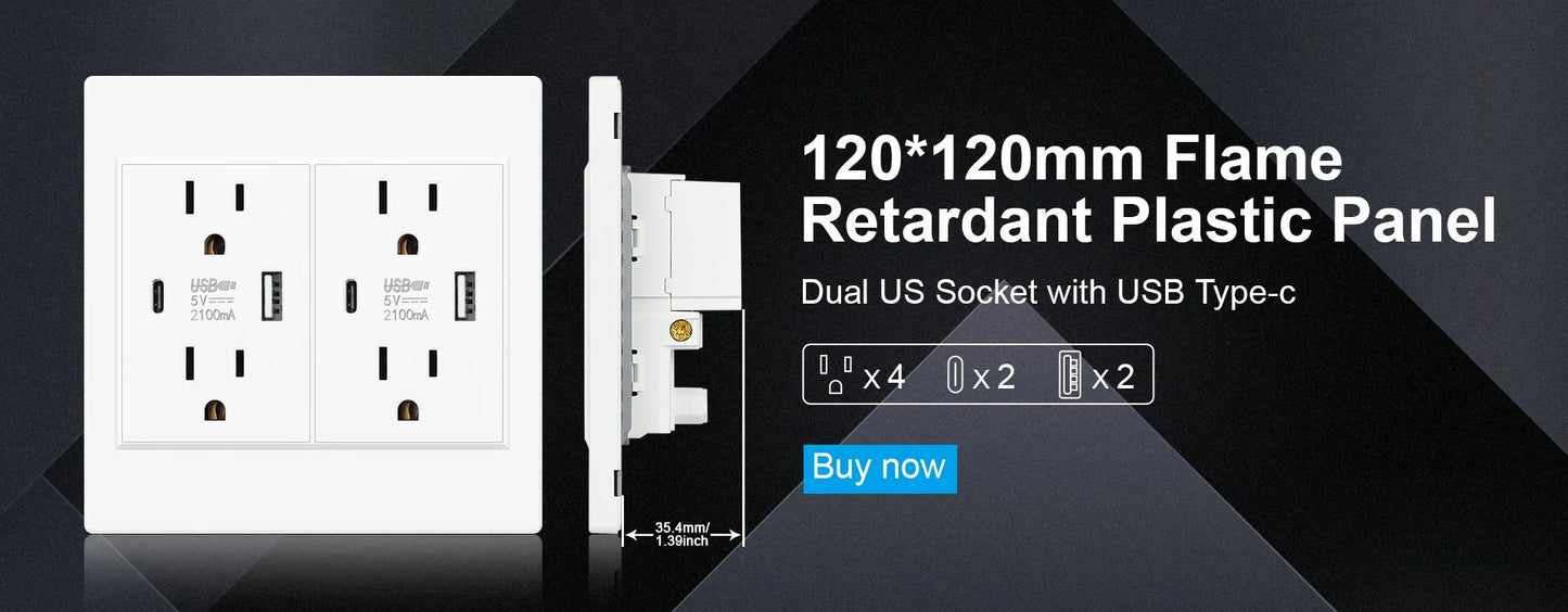 US Plug with USB Type-C Charging Port – 5V 2.1A, Household Electrical Wall Outlet for America & Mexico, 118x72mm PC Panel