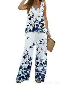Women Printed 2-Piece Summer Suit Set – Sleeveless Round Neck Top & Wide Leg Pants Casual Loose Fit Outfit