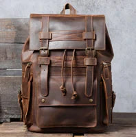 Vintage Crazy Horse Leather Backpack for Men — 17" Laptop Travel Rucksack Cowhide Hiking Bag M815