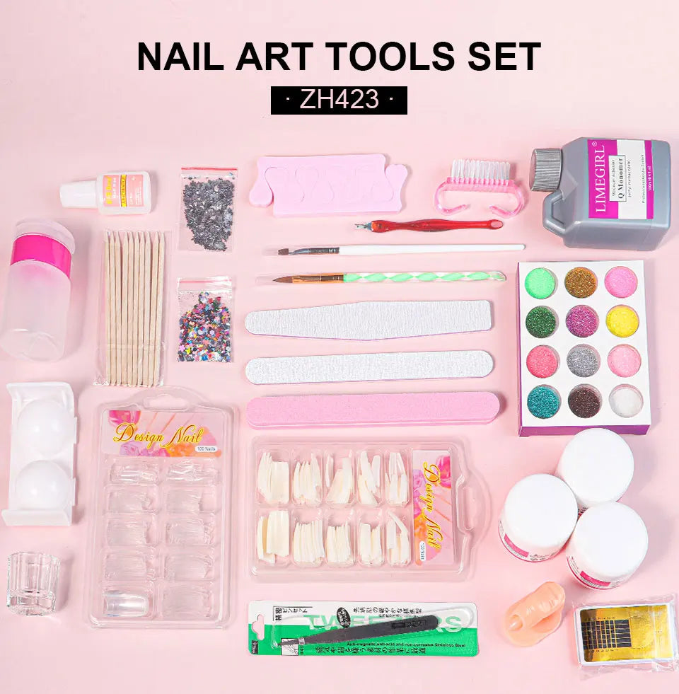 Nail Acrylic Powder and Liquid Monomer Kit – Crystal Nail Glitter, 3D Nail Tips, Carving Tools for Nail Art Decoration