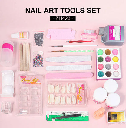 Nail Acrylic Powder and Liquid Monomer Kit – Crystal Nail Glitter, 3D Nail Tips, Carving Tools for Nail Art Decoration