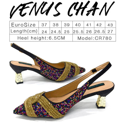 Venus Chan Women’s Champagne Shoe & Bag Set - Rhinestone Heels and Handbag for Nigerian Parties & Weddings