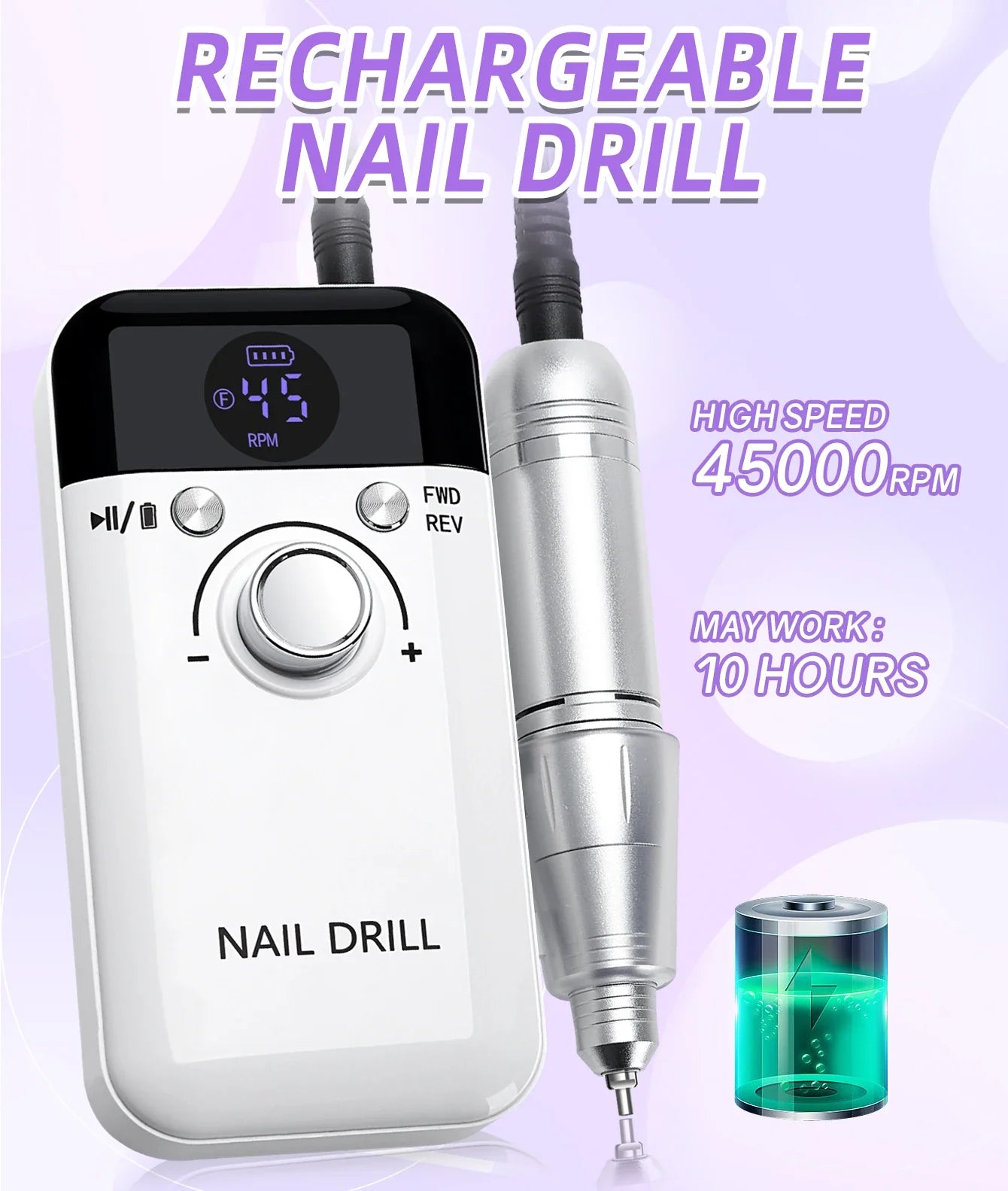 45000RPM Portable Rechargeable Nail Drill Machine – Low Noise Nail Sander & File for Manicure Salon Use