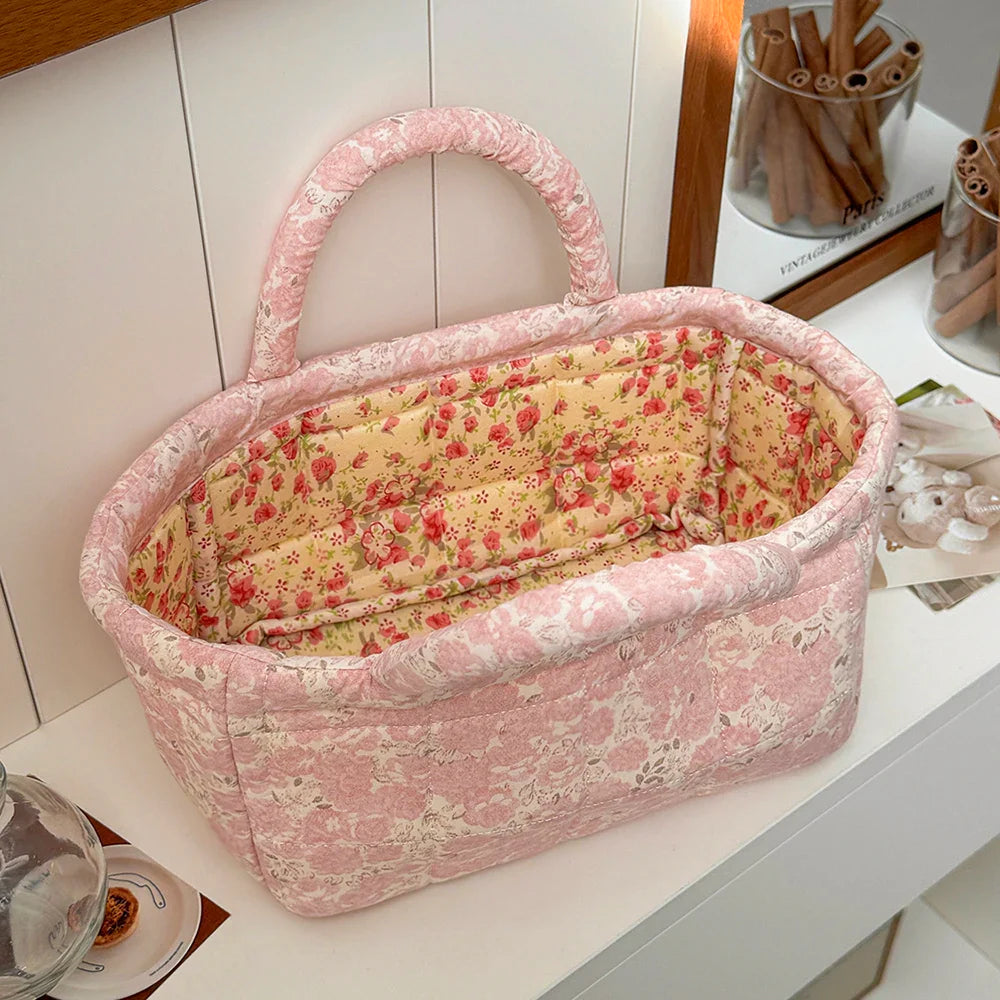 Cute Pink Flower Quilted Storage Basket with Handle – Foldable Home Organizer for Pet Toys & Room Storage
