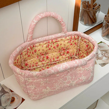 Cute Pink Flower Quilted Storage Basket with Handle – Foldable Home Organizer for Pet Toys & Room Storage