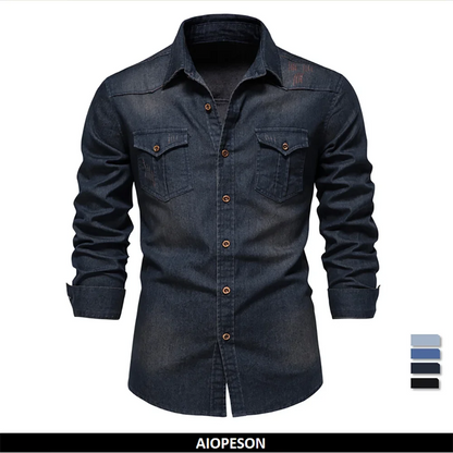 AIOPESON Men's Cotton Denim Shirt - Long Sleeve Slim Fit Casual Cowboy Style Shirt