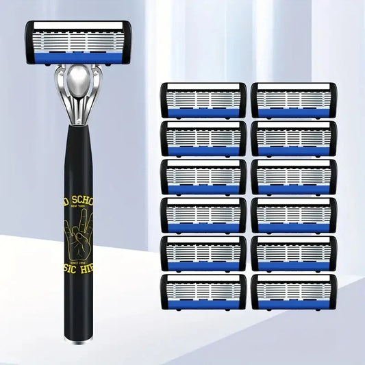 Classic 6-Layer Manual Razor Set – 1 Handle with 12/18 Stainless Steel Replacement Blades for Daily Face Shaving