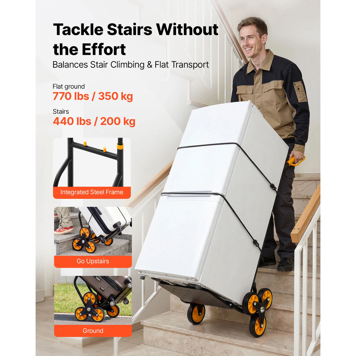 Stair Climbing Cart - Folding 6-Wheel Grocery Trolley with Telescoping Handle & Bungee Cords