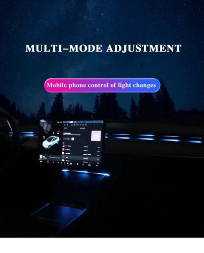 2-in-1 Dynamic Neon RGB Car LED Ambient Lighting – Auto OFF 60s Module for Tesla Model 3 & Y Dashboard Decoration