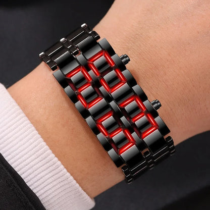 Men's Fashion Digital Lava Wrist Watch – Black Full Metal with Red/Blue LED Display, Sporty Gift for Men & Boys