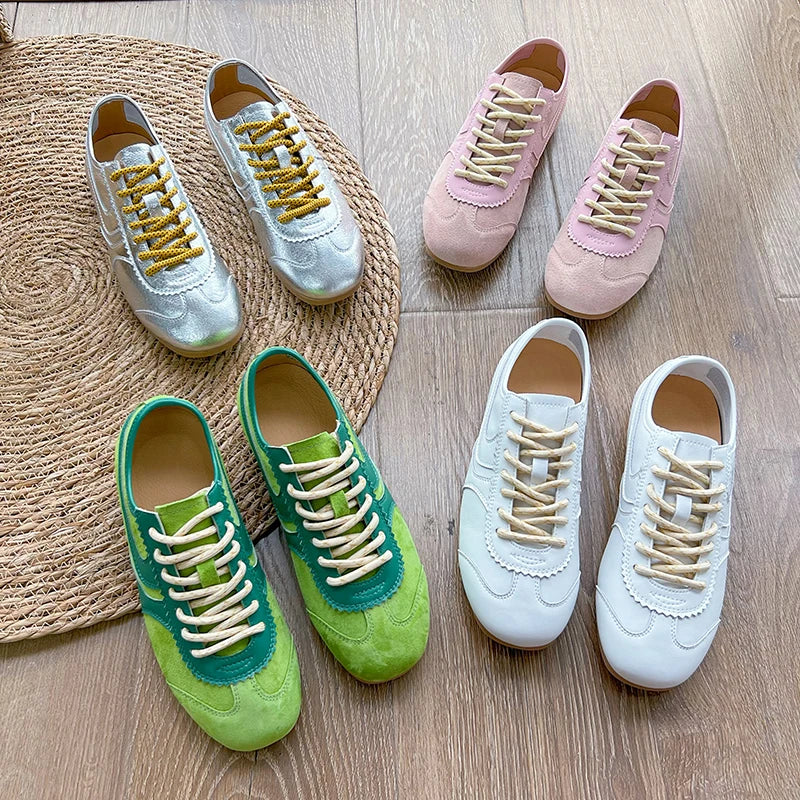 2025 New German Training Shoes for Women, Genuine Leather Lace-up Sneakers, Retro Flat Forrest Gump Style, Large Size