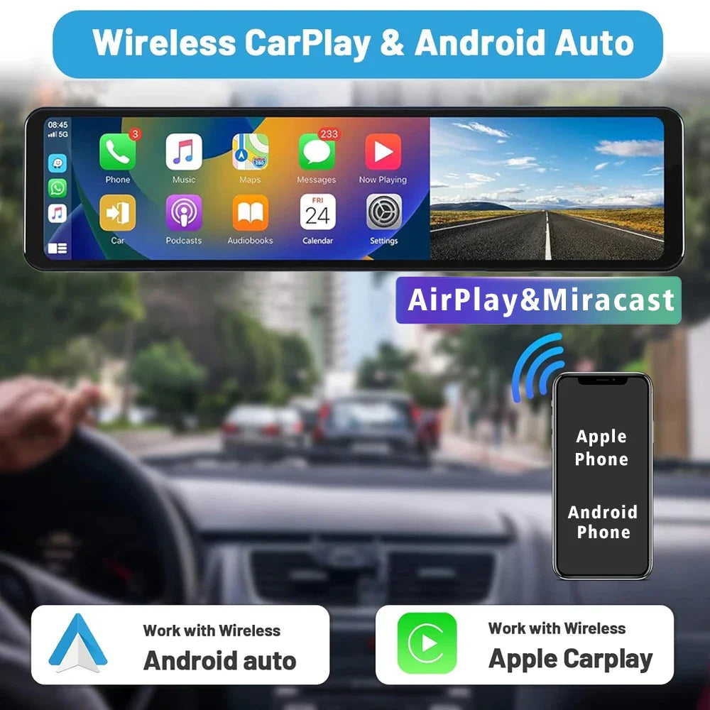 11.26" 4K 2160P Car DVR Dash Cam – CarPlay, Android Auto, GPS, WiFi, Bluetooth, FM, Rear View Mirror Camera & Drive Recorder