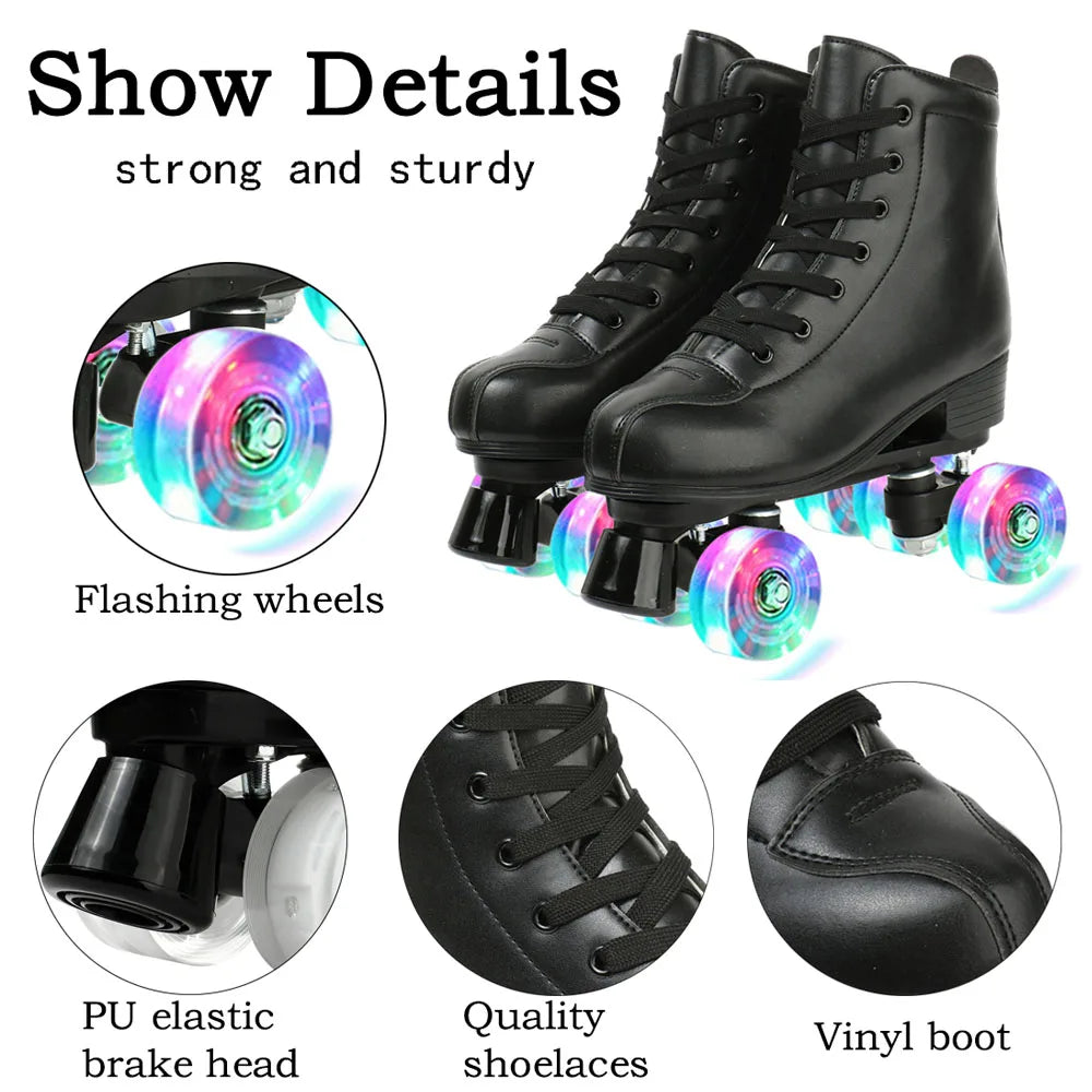 PU Leather Roller Skates – Inline & Quad Skating Shoes, Flashing 4-Wheel Sneakers, Europe Size, Training & Fun