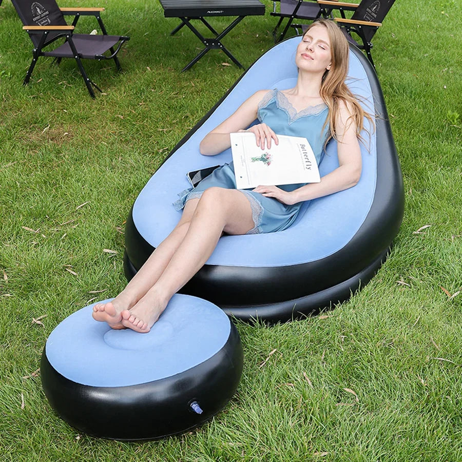Inflatable Folding Lounge Chair Set - Portable Lazy Sofa Recliner Bed & Outdoor Footstool