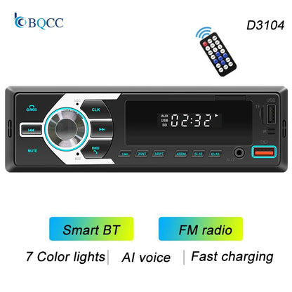 BQCC 1 Din Bluetooth Car Stereo - MP3 FM Radio with USB, TF, AUX, Dual USB & 7-Color LED Lights
