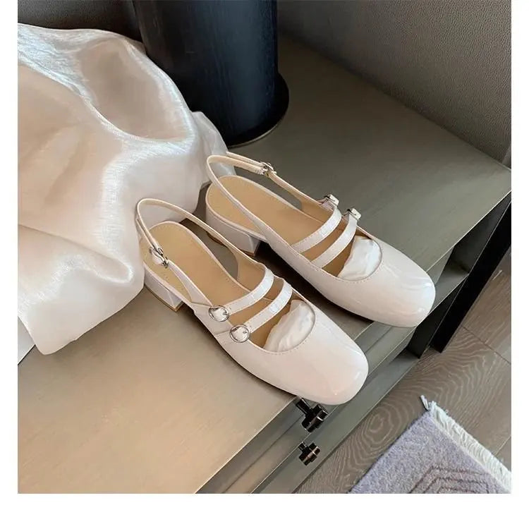 2025 Women’s Burgundy Mary Jane Shoes – Square-Toe Patent Leather Chunky Heel with Double Buckle