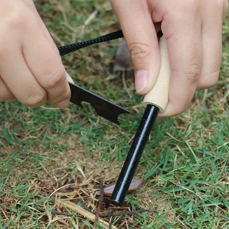 Wilderness Survival Flint Kit – Portable Magnesium Fire Starter with Wooden Handle for Camping & Outdoor