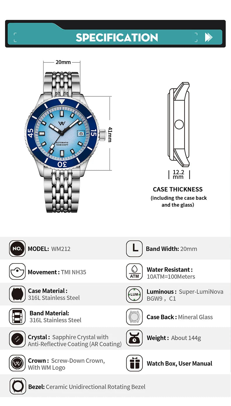 WM Welly Merck Automatic Mechanical Watch for Men — Sparkle Grain Gradient Dial, Ceramic Bezel, NH35, AR Coating, 100M WM212