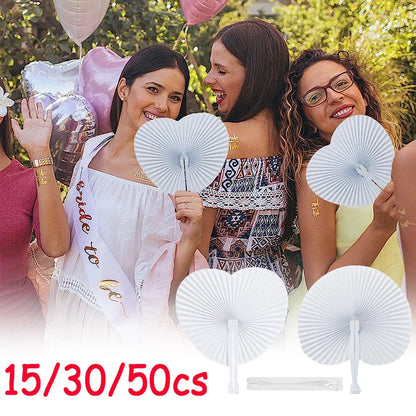 15/30/50pcs Heart-Shaped Folding Paper Fans - Blank Hand Fans with Plastic Handles for DIY Painting, Birthday & Wedding Party Decor