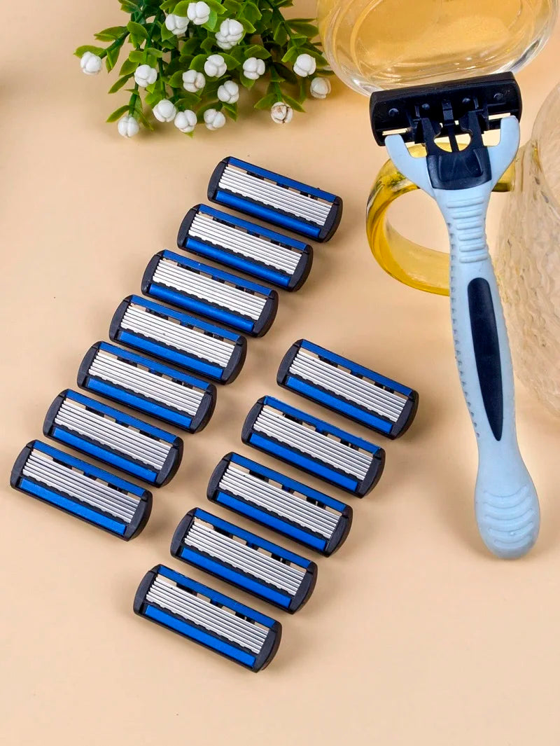 6-Layer Manual Safety Razor Set – 1 Handle + 12 Stainless Steel Replaceable Blades for Men & Women