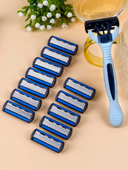 6-Layer Manual Safety Razor Set – 1 Handle + 12 Stainless Steel Replaceable Blades for Men & Women