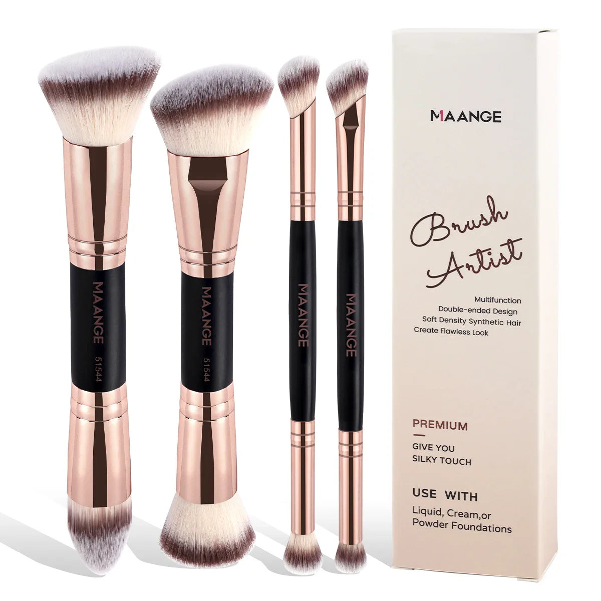 MAANGE 4PCS Basic Makeup Brush Set – Dual-Ended Foundation, Powder, Blush & Eyeshadow Brushes with Travel Box