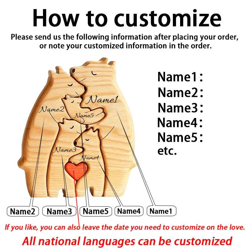 Personalized Wooden Bear Family Puzzle – Custom Name Home Decor, Thanksgiving & Christmas Gift for Mom & Baby