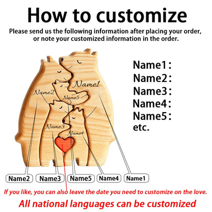 Personalized Wooden Bear Family Puzzle – Custom Name Home Decor, Thanksgiving & Christmas Gift for Mom & Baby